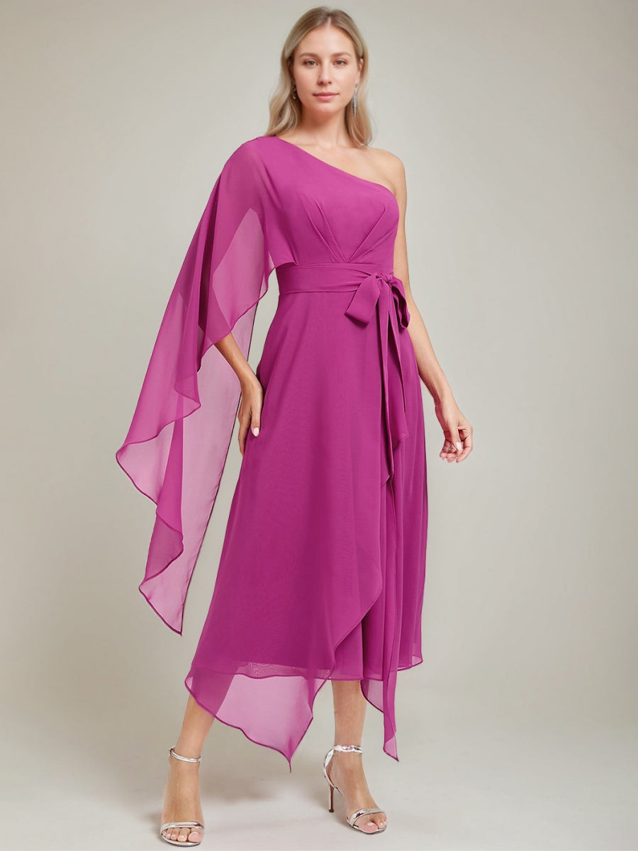 A-Line/Princess One-Shoulder Asymmetrical Ruched Mother Of The Bride Dresses With Bow Sash BabaMila