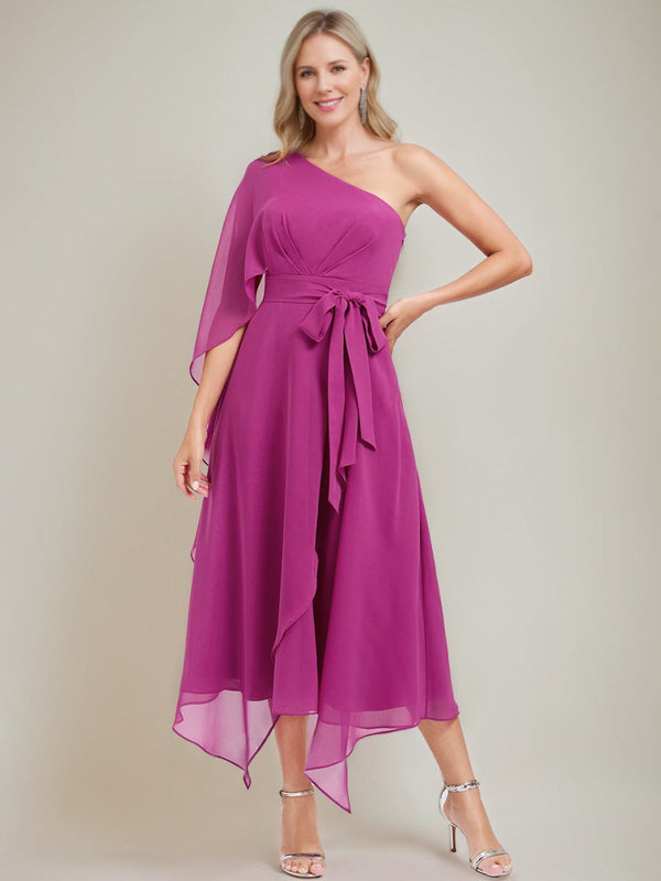 A-Line/Princess One-Shoulder Asymmetrical Ruched Mother Of The Bride Dresses With Bow Sash BabaMila