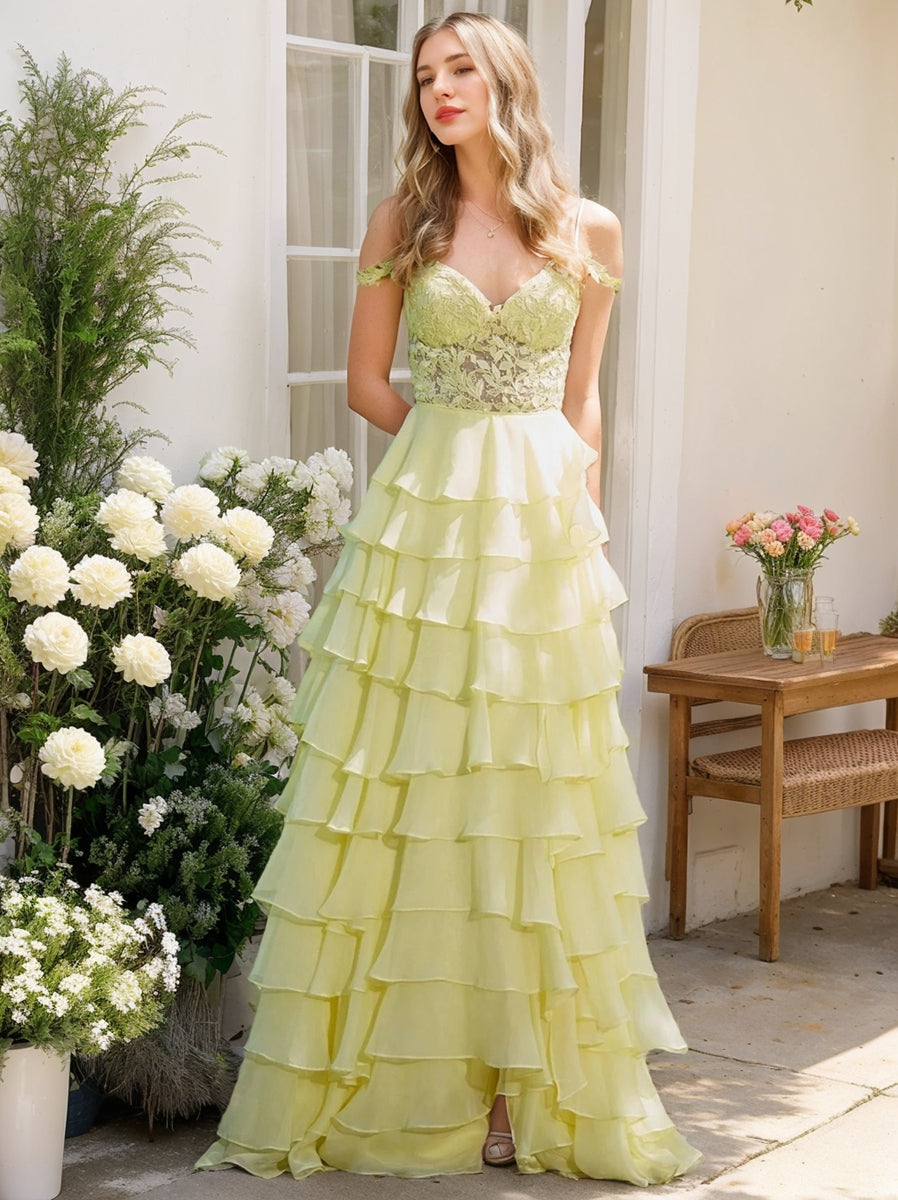 A-Line/Princess Cold Shoulder Romantic Prom Dresses with Cascading Ruffles/Side Slit/Appliques BabaMila