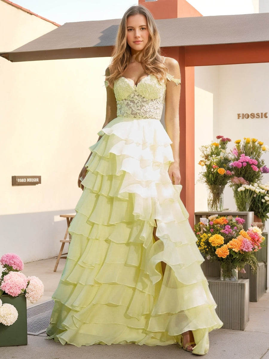 A-Line/Princess Cold Shoulder Romantic Prom Dresses with Cascading Ruffles/Side Slit/Appliques BabaMila