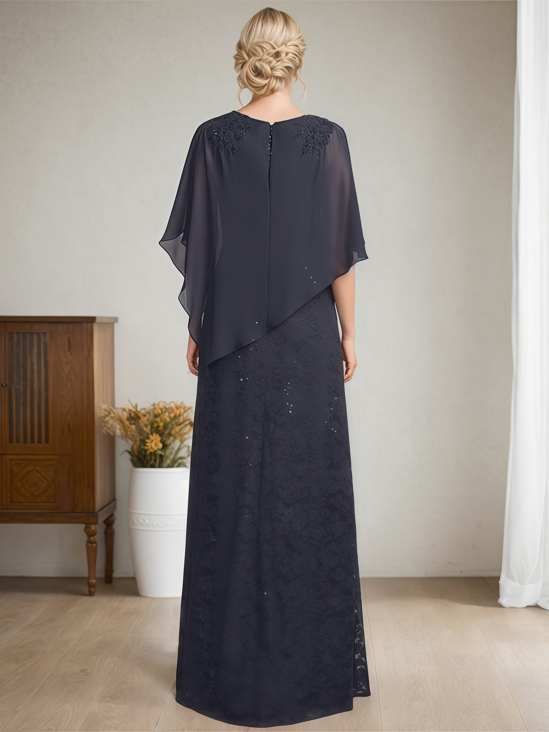 Sheath/Column Exquisite Scoop Neck Cape Floor-Length Chiffon Mother of the Bride Dress With Appliques BabaMila