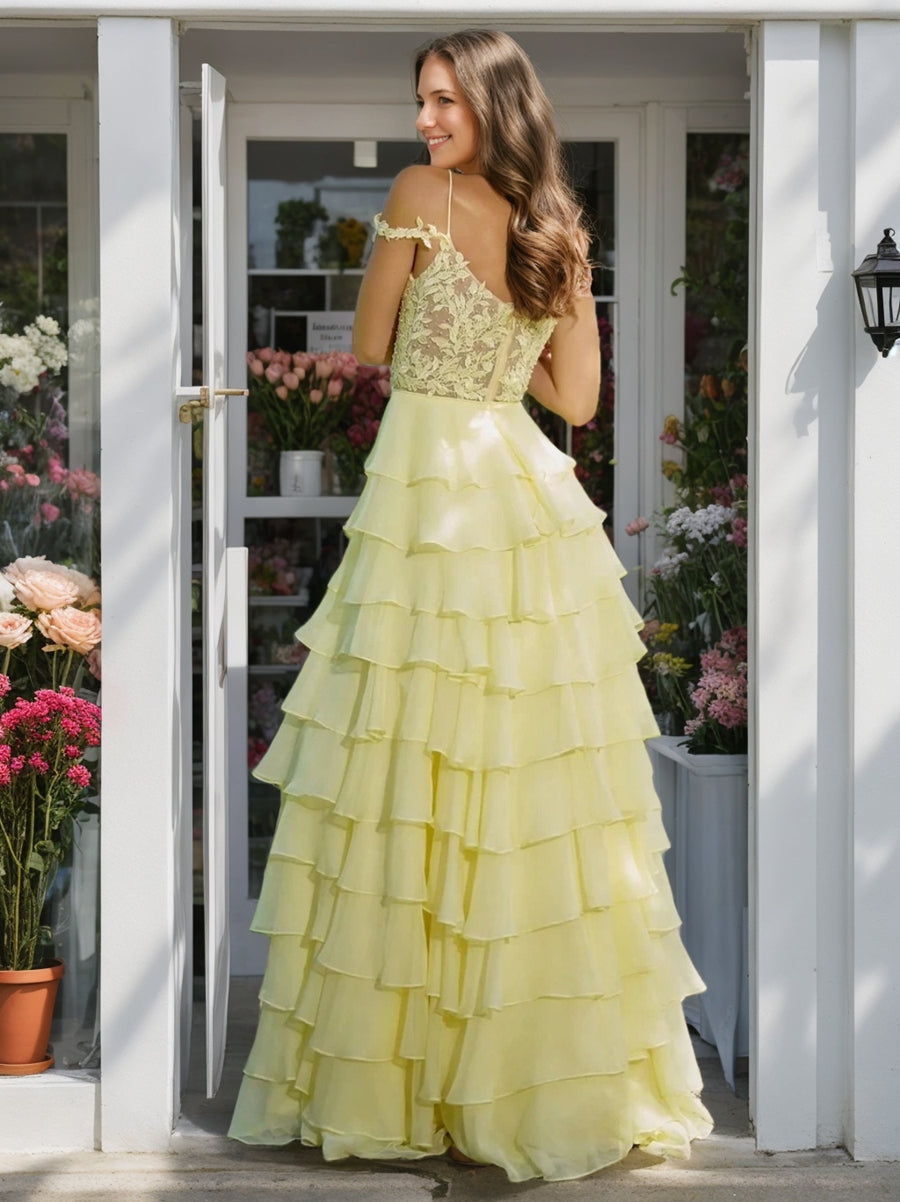 A-Line/Princess Cold Shoulder Romantic Prom Dresses with Cascading Ruffles/Side Slit/Appliques BabaMila