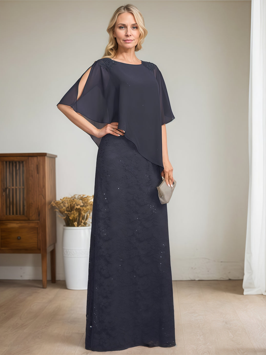 Sheath/Column Exquisite Scoop Neck Cape Floor-Length Chiffon Mother of the Bride Dress With Appliques BabaMila