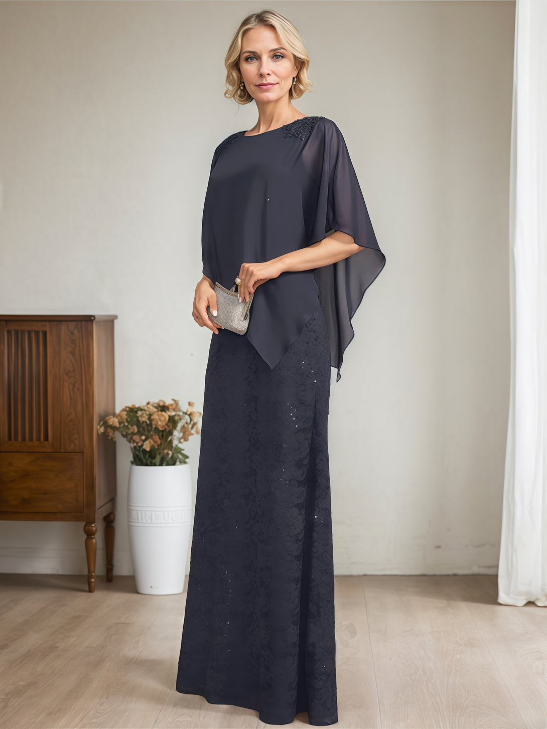 Sheath/Column Exquisite Scoop Neck Cape Floor-Length Chiffon Mother of the Bride Dress With Appliques BabaMila