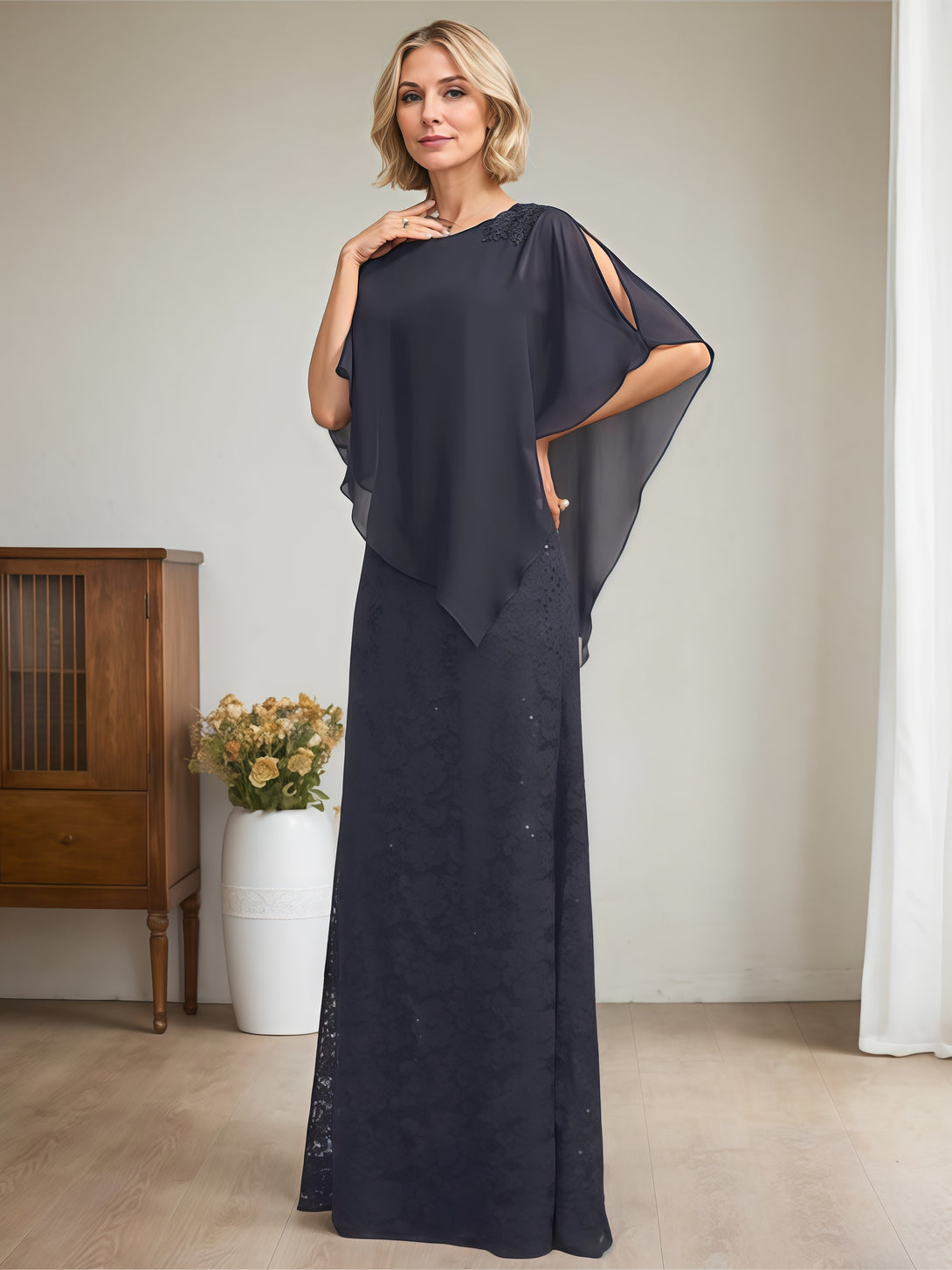 Sheath/Column Exquisite Scoop Neck Cape Floor-Length Chiffon Mother of the Bride Dress With Appliques BabaMila