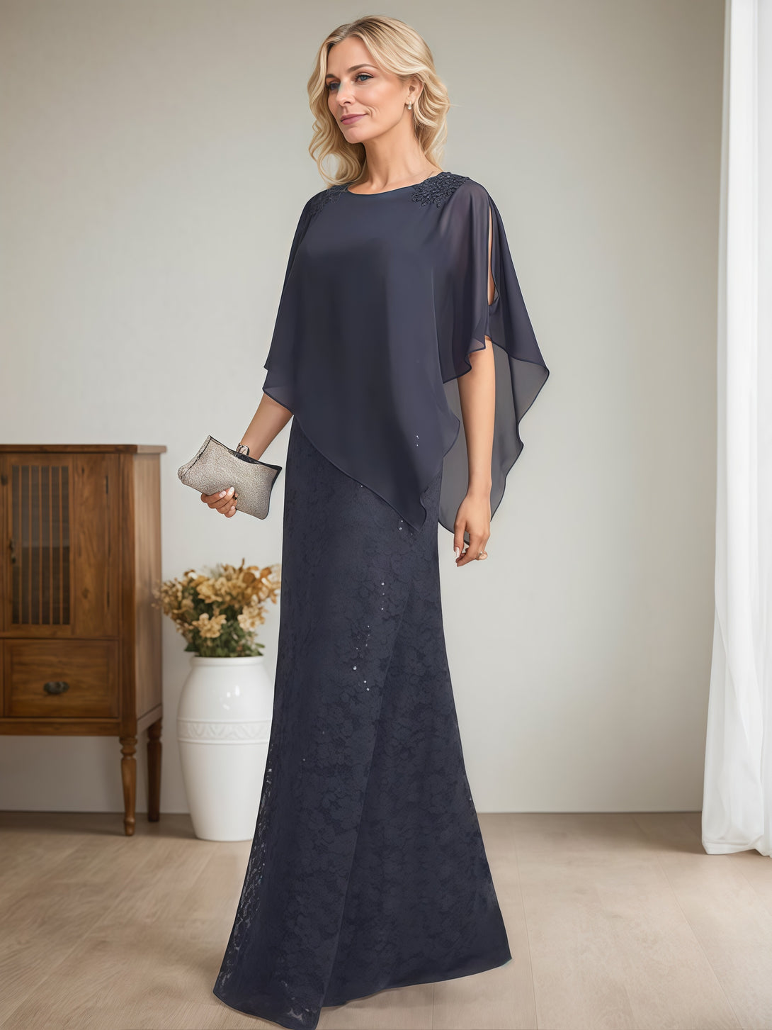 Sheath/Column Exquisite Scoop Neck Cape Floor-Length Chiffon Mother of the Bride Dress With Appliques BabaMila