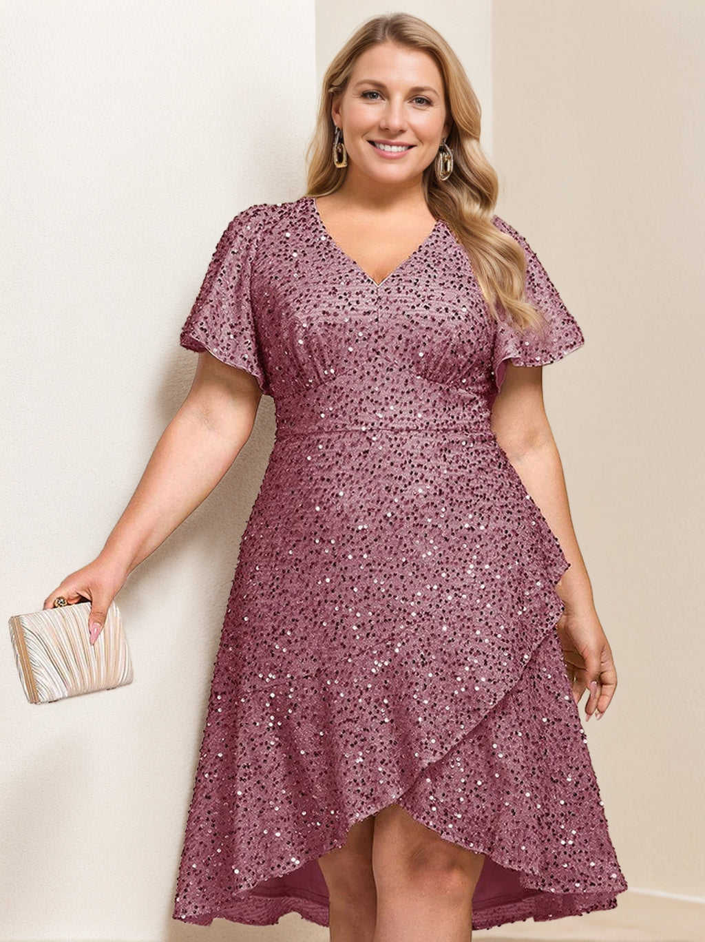 A-Line/Princess V-Neck Short Sleeves Asymmetrical Plus Size Mother Of The Bride Dresses With Sequins & Ruffles BabaMila
