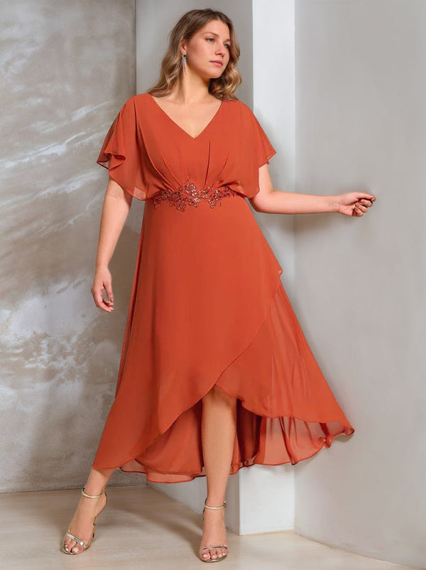 A-Line/Princess V-Neck Short Sleeves Asymmetrical Plus Size Mother Of The Bride Dresses With Appliques BabaMila