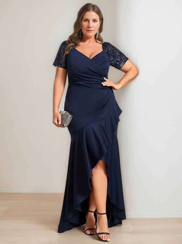 Sheath/Column V-Neck Short Sleeves Asymmetrical Plus Size Mother Of The Bride Dresses With Sequins BabaMila