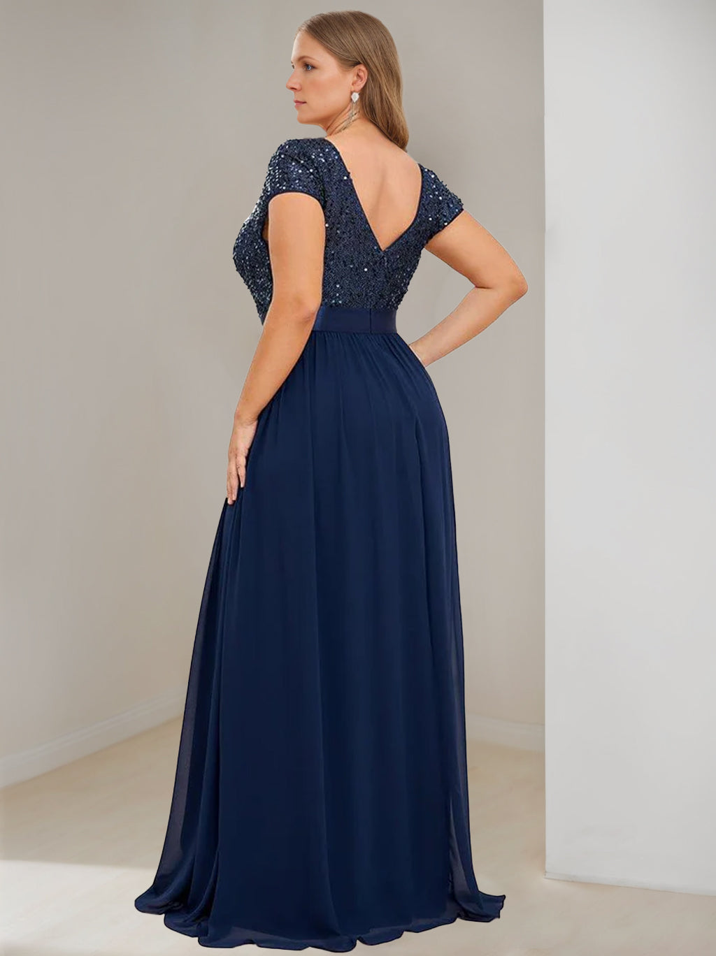 A-Line/Princess V-Neck Short Sleeves Floor-Length Chiffon Plus Size Mother Of The Bride Dresses With Ribbon BabaMila