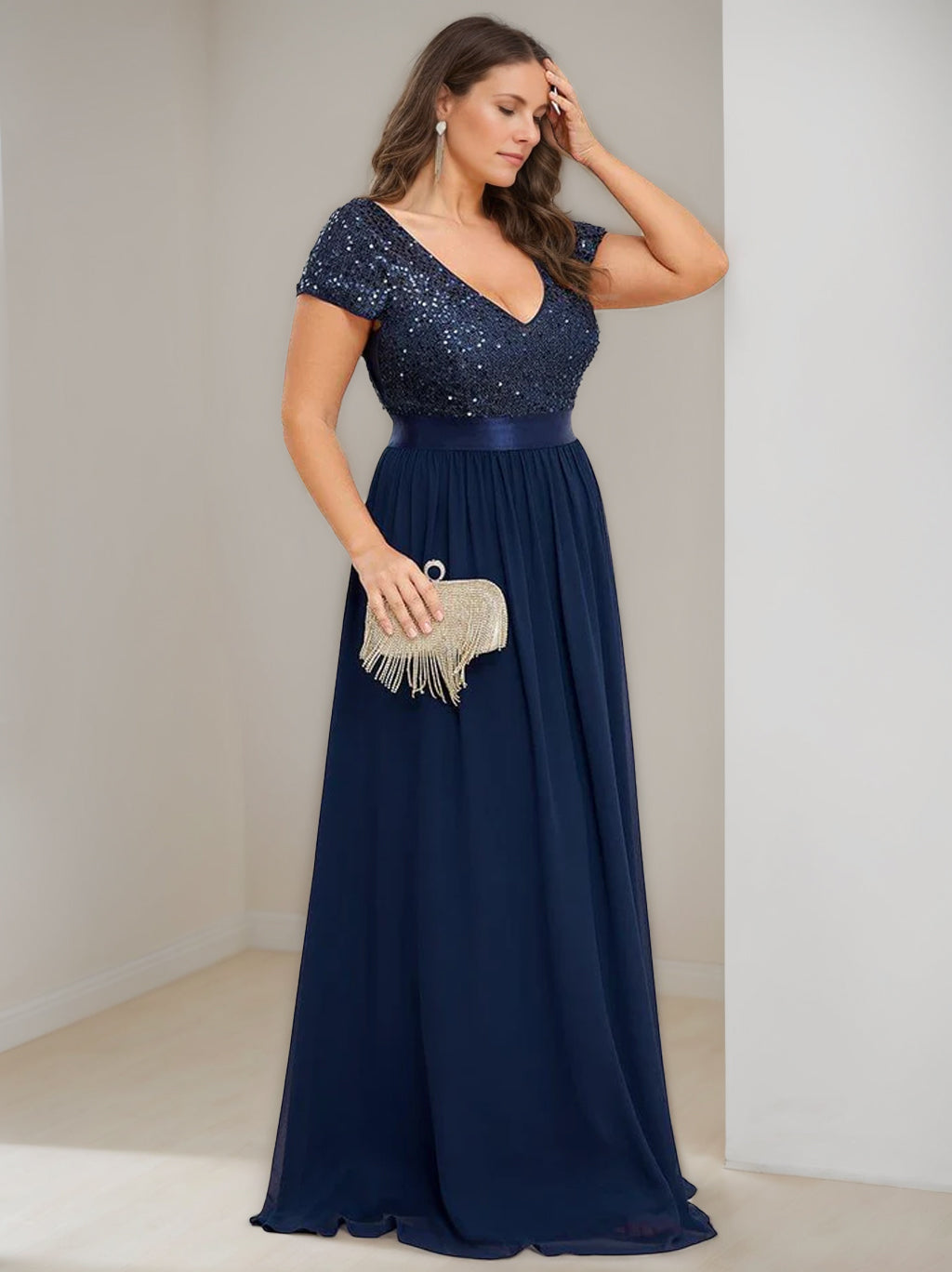 A-Line/Princess V-Neck Short Sleeves Floor-Length Chiffon Plus Size Mother Of The Bride Dresses With Ribbon BabaMila