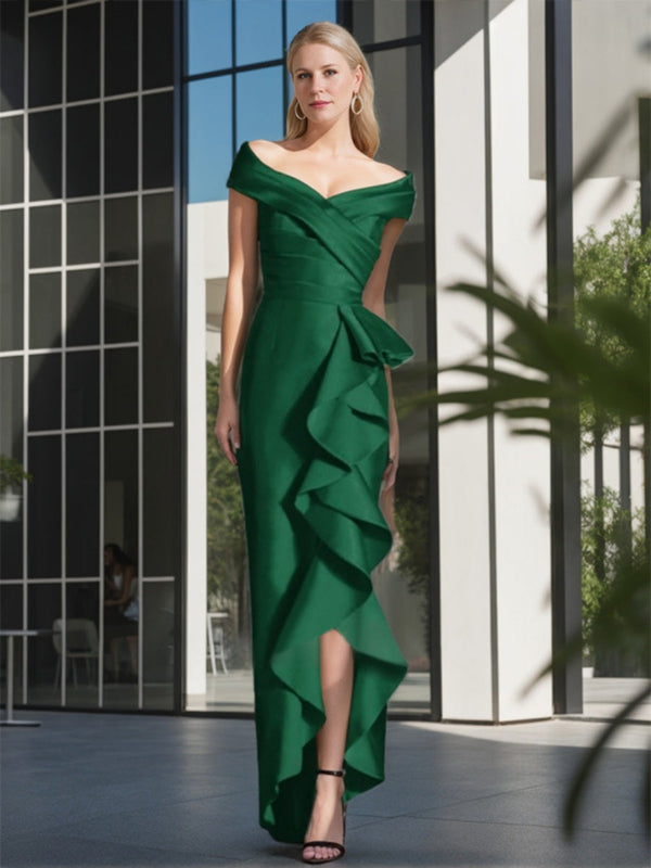 Sheath/Column Off-The-Shoulder Sleeveless Pleated Asymmetrical Mother Of The Bride Dresses With Ruffles BabaMila