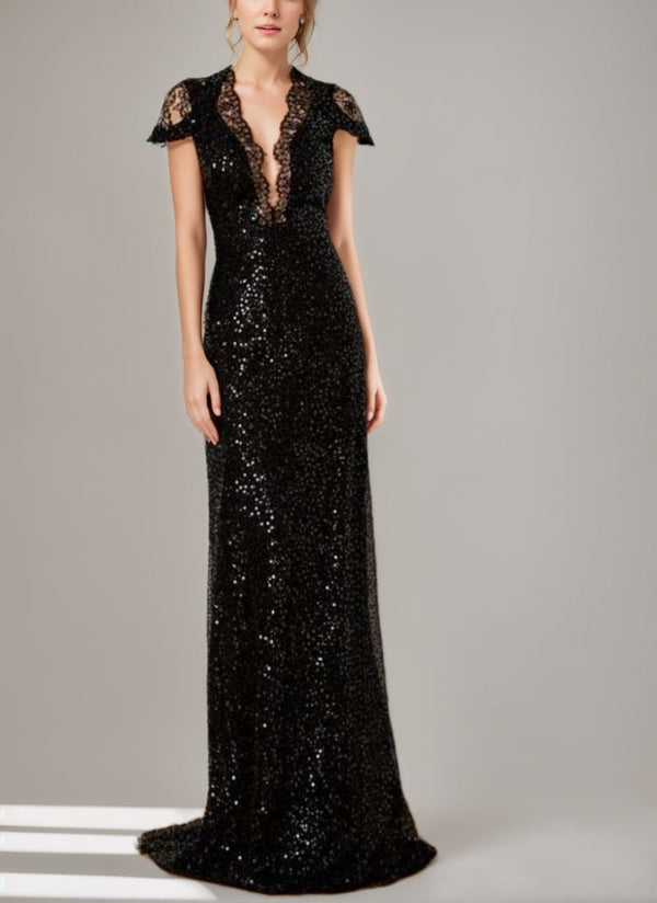 Sheath/Column Sequined Floor-Length Plunge V-Neck Mother Of The Bride Dresses With Lace & Slit BabaMila
