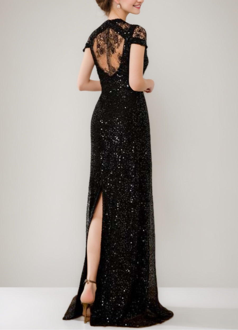 Sheath/Column Sequined Floor-Length Plunge V-Neck Mother Of The Bride Dresses With Lace & Slit BabaMila