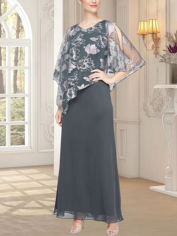 Sheath/Column V-Neck Cape Ankel-Length Mesh/Chiffon Mother of the Bride Dress With Floral BabaMila