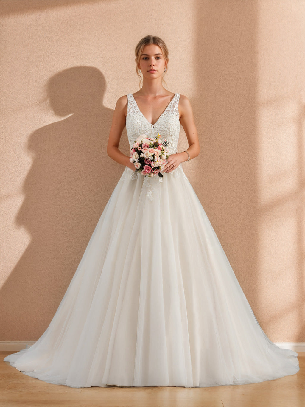 A-Line/Princess Deep V-Neck Sleeveless Floor-Length Unique Wedding Dress with Appliques & Lace BabaMila