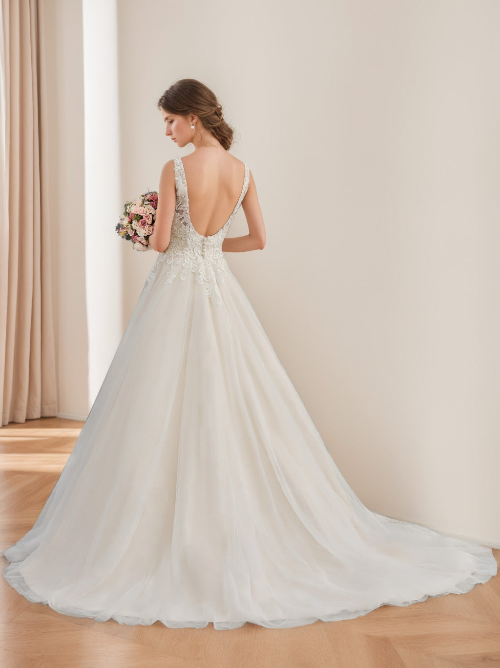 A-Line/Princess Deep V-Neck Sleeveless Floor-Length Unique Wedding Dress with Appliques & Lace BabaMila