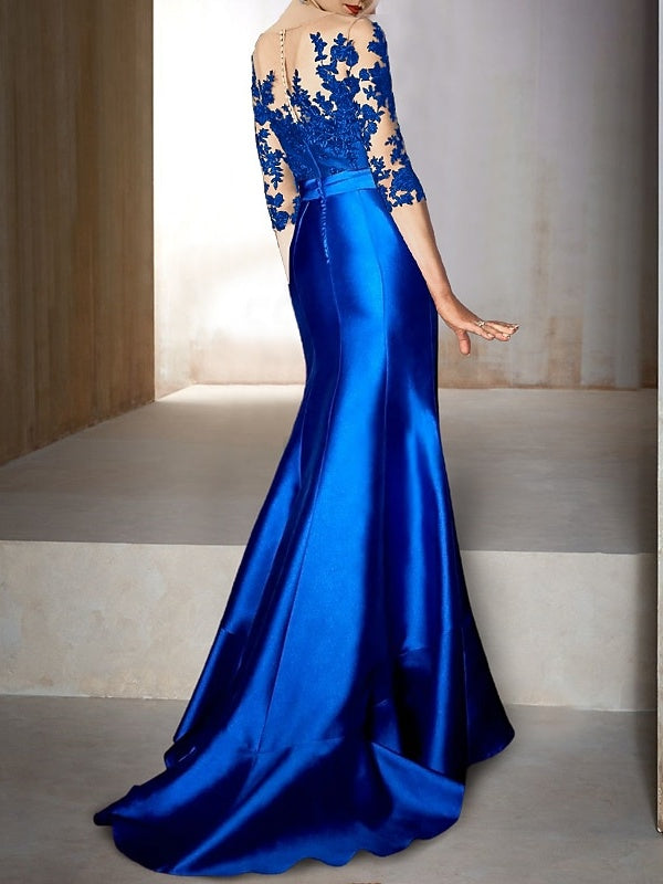 Mermaid / Trumpet Jewel Neck Half Sleeves Floor-Length Mother Of The Bride Dresses With Appliques & Bow(S) BabaMila