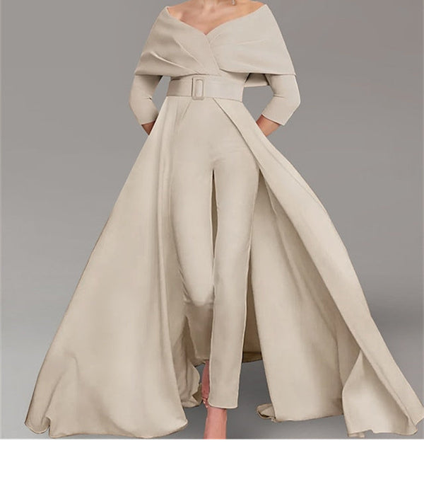 Scoop Long Sleeves Mother Of The Bride Pantsuits With Belt BabaMila