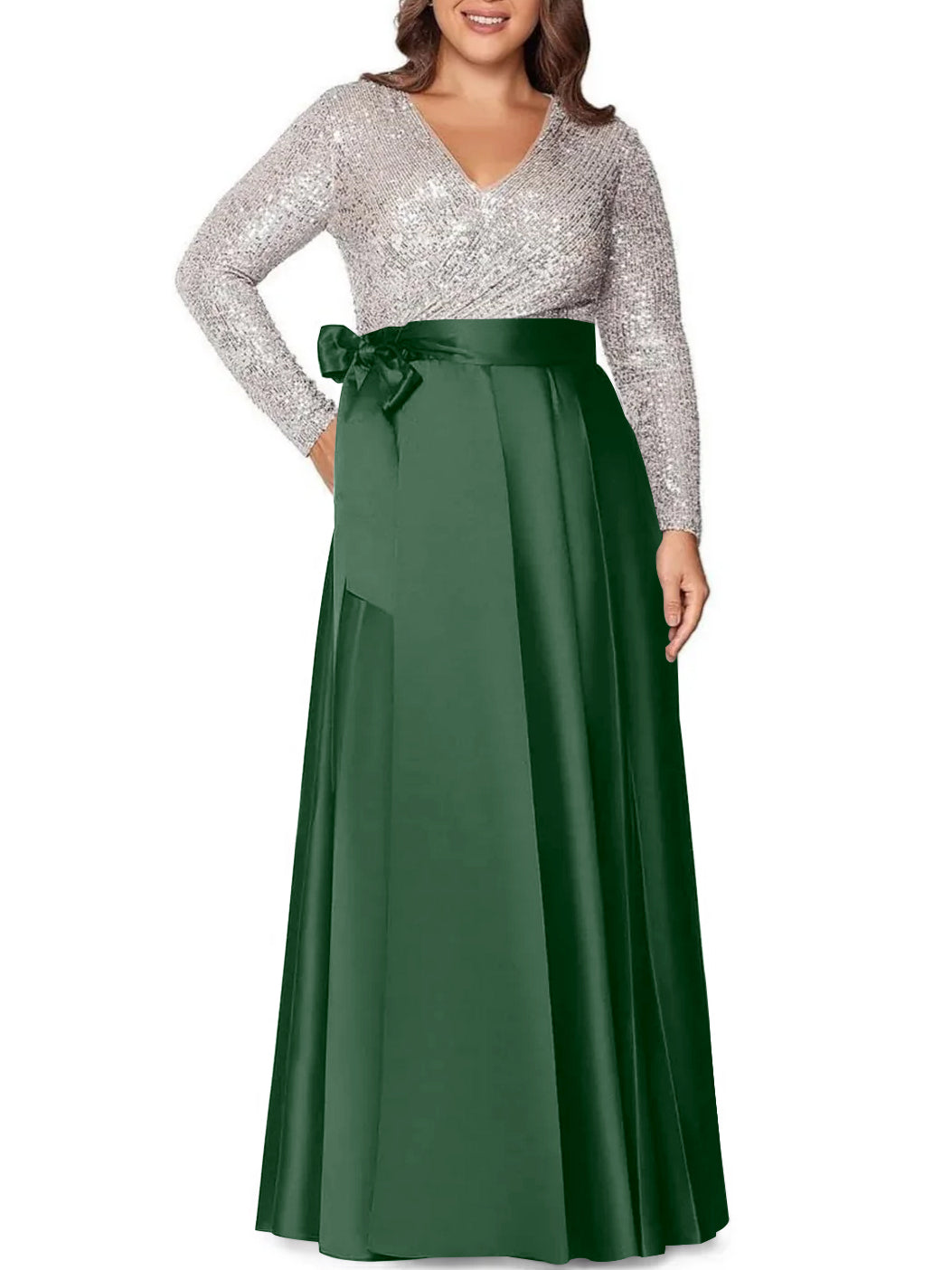 A-Line/Princess V-Neck Long Sleeves Floor-Length Plus Size Mother Of The Bride Dresses With Pocket Sequins BabaMila