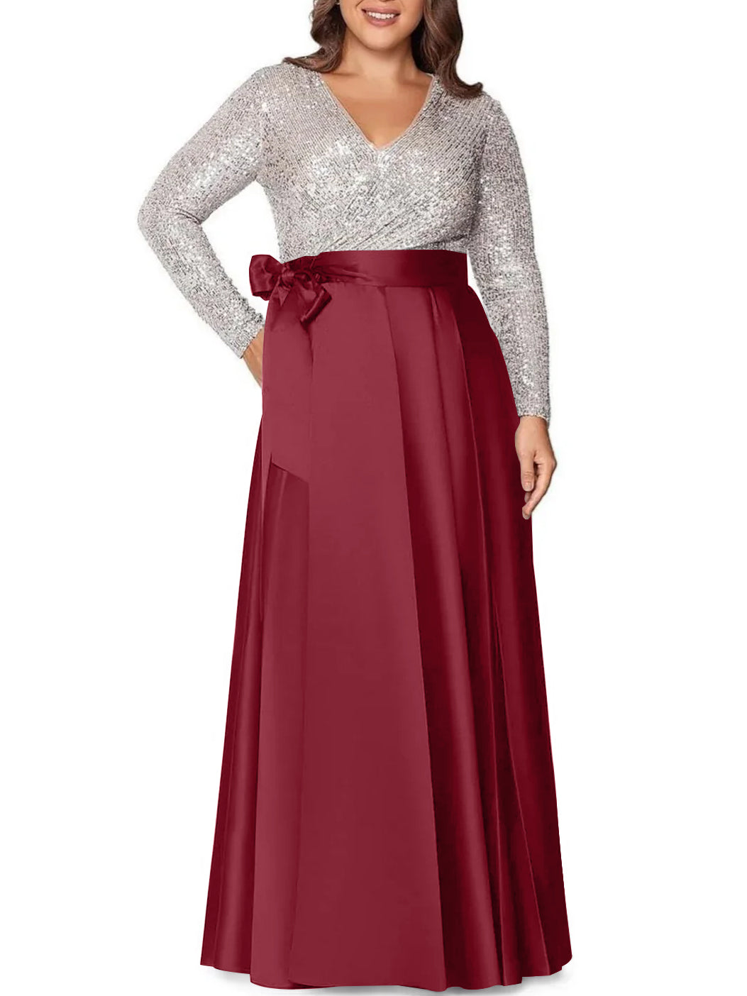A-Line/Princess V-Neck Long Sleeves Floor-Length Plus Size Mother Of The Bride Dresses With Pocket Sequins BabaMila