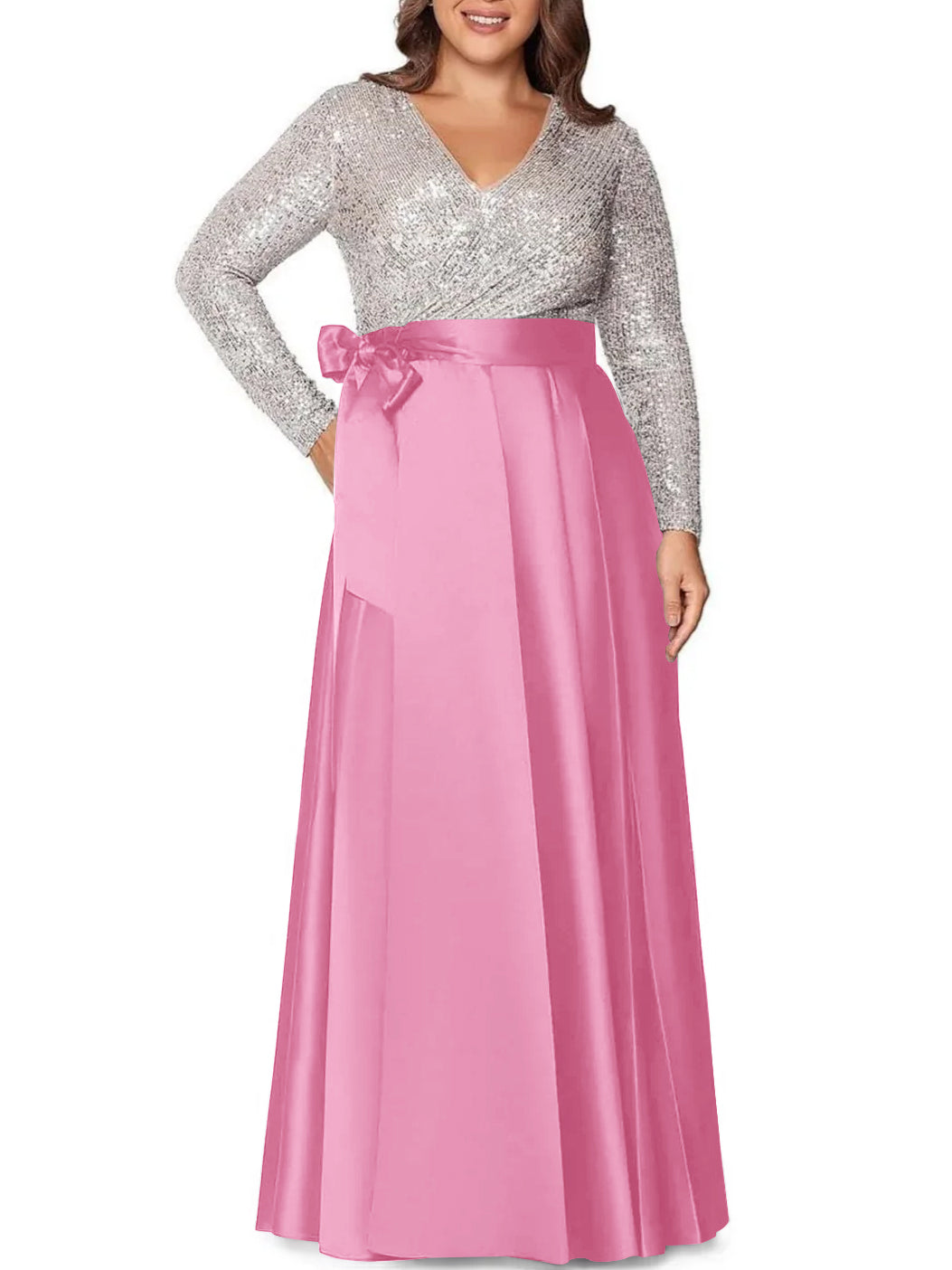 A-Line/Princess V-Neck Long Sleeves Floor-Length Plus Size Mother Of The Bride Dresses With Pocket Sequins BabaMila