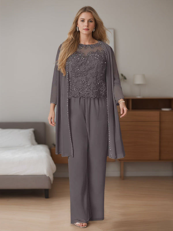 Chiffon 3 Pieces Scoop Neck Long Sleeves Floor-Length Plus Size Mother Of The Bride Pantsuits With Jacket BabaMila