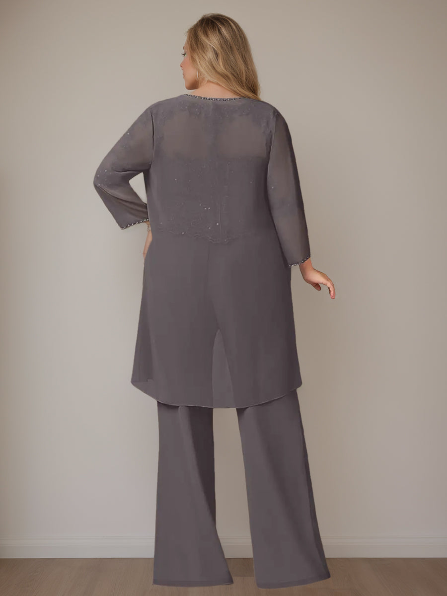 Chiffon 3 Pieces Scoop Neck Long Sleeves Floor-Length Plus Size Mother Of The Bride Pantsuits With Jacket BabaMila