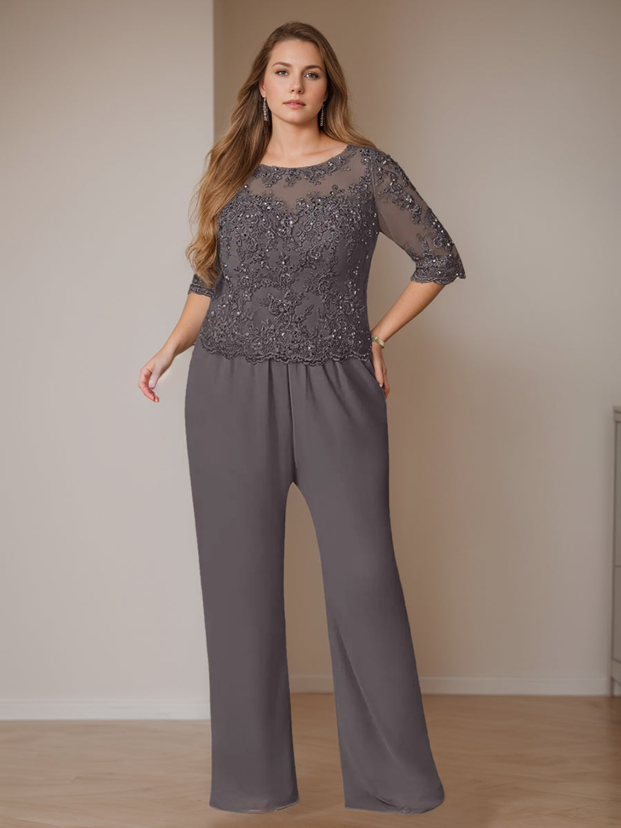 Chiffon 3 Pieces Scoop Neck Long Sleeves Floor-Length Plus Size Mother Of The Bride Pantsuits With Jacket BabaMila