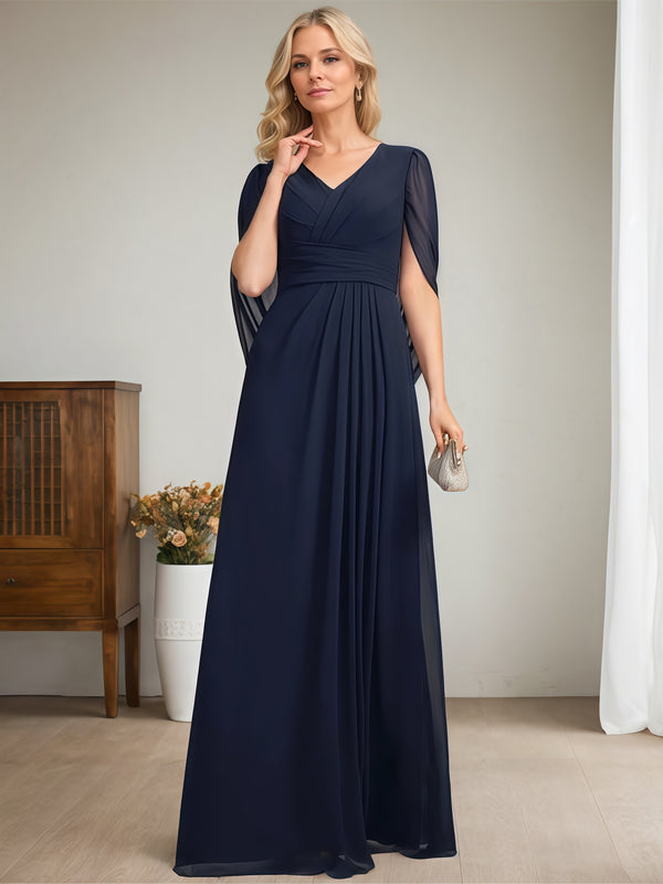 Simple A-Line V-Neck Cape Floor-Length Chiffon Mother of the Bride Dress With Pleated BabaMila