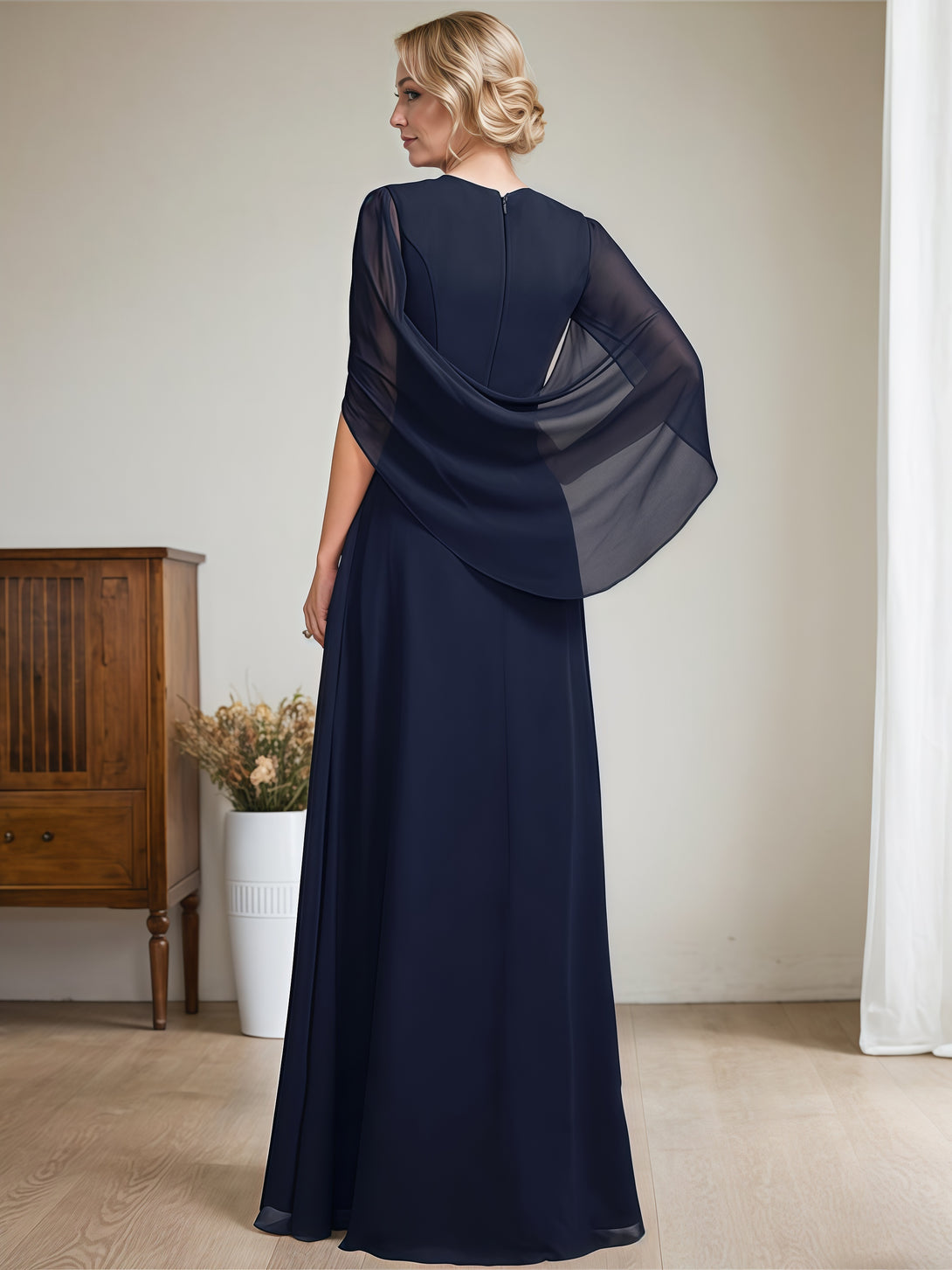 Simple A-Line V-Neck Cape Floor-Length Chiffon Mother of the Bride Dress With Pleated BabaMila