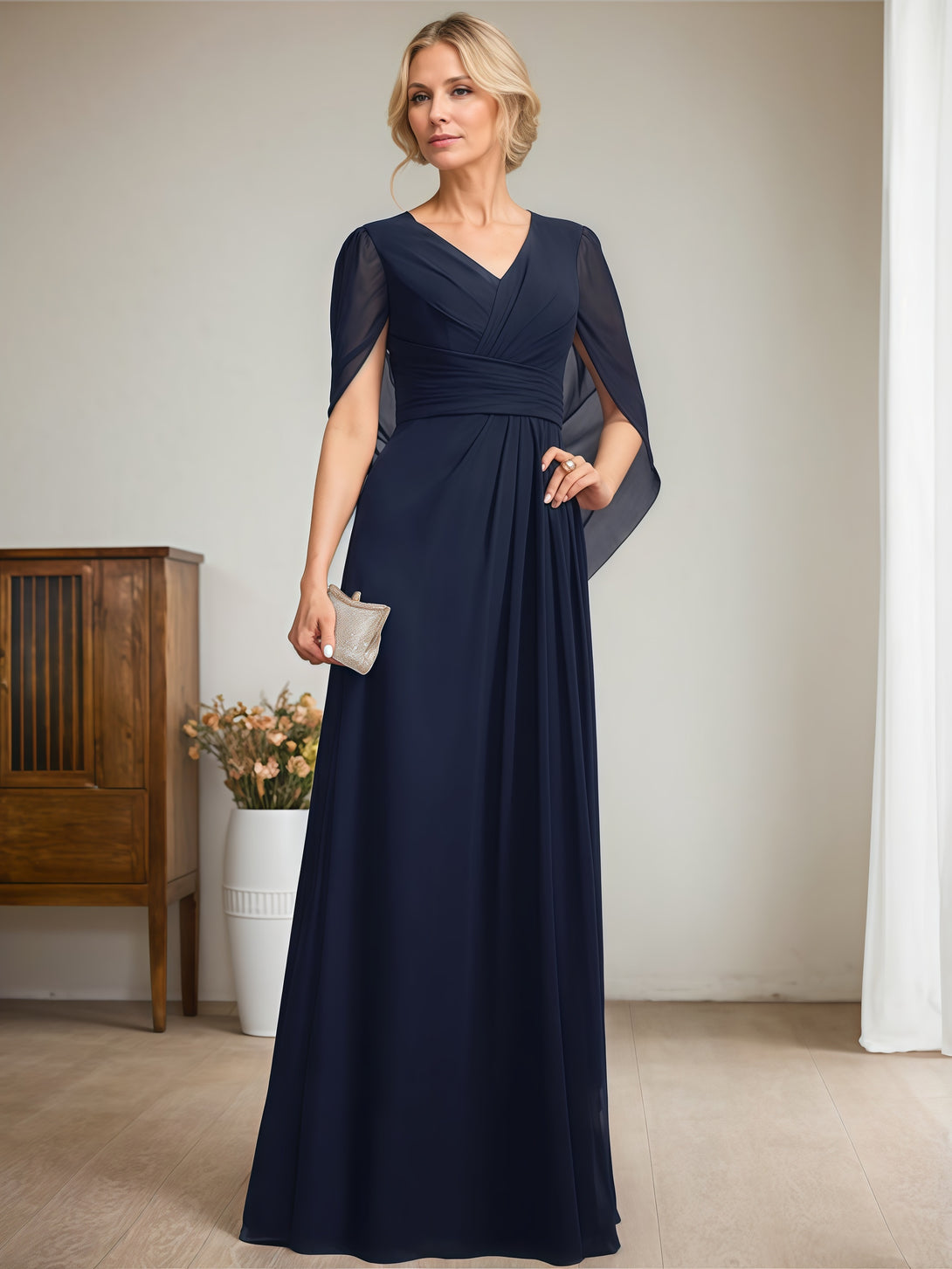 Simple A-Line V-Neck Cape Floor-Length Chiffon Mother of the Bride Dress With Pleated BabaMila