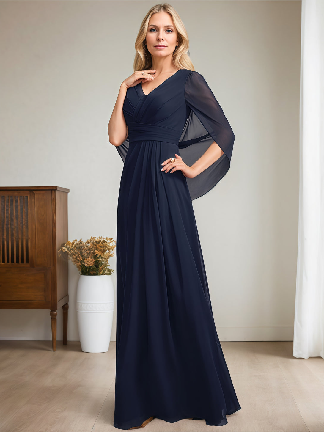 Simple A-Line V-Neck Cape Floor-Length Chiffon Mother of the Bride Dress With Pleated BabaMila