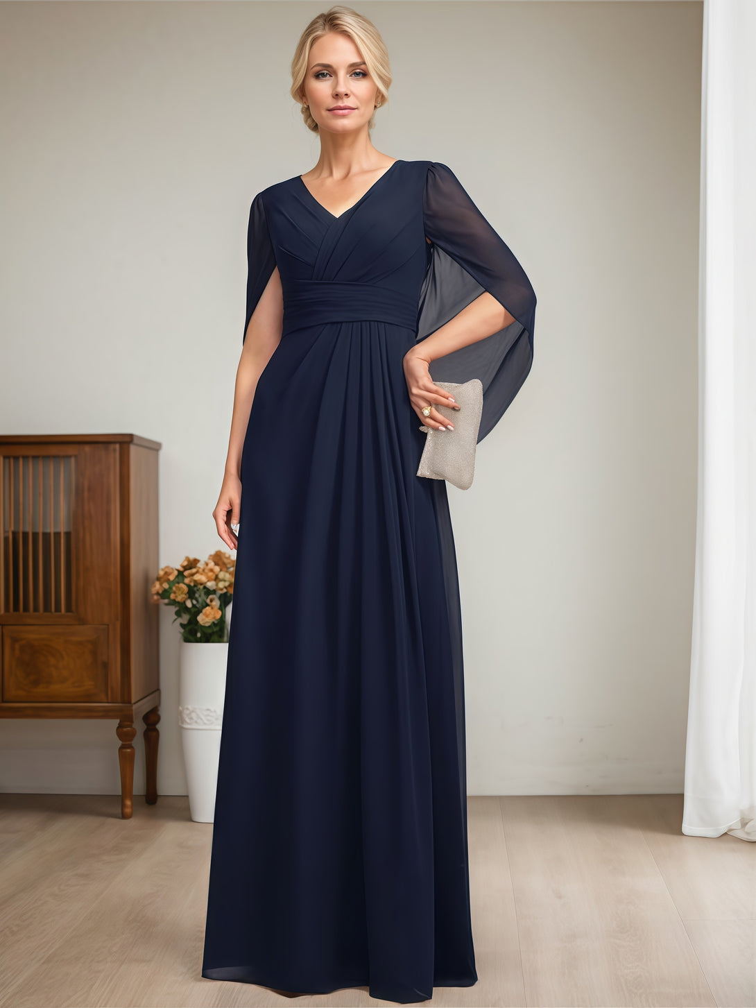 Simple A-Line V-Neck Cape Floor-Length Chiffon Mother of the Bride Dress With Pleated BabaMila