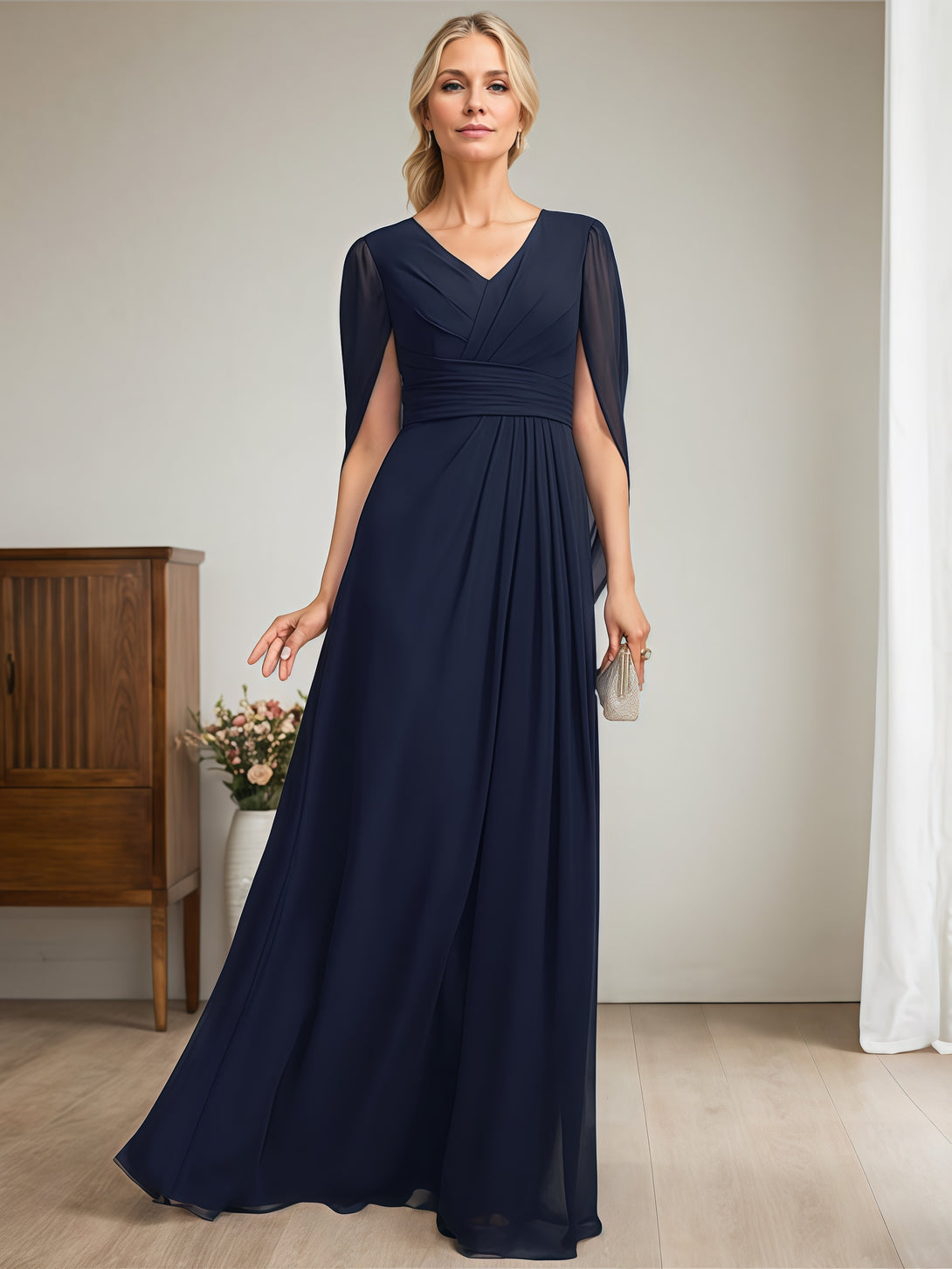 Simple A-Line V-Neck Cape Floor-Length Chiffon Mother of the Bride Dress With Pleated BabaMila