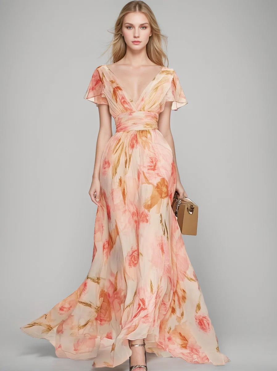 A-Line/Princess V-Neck Short Sleeves Printed Floral Mother Of The Bride Dresses With Ruffles BabaMila