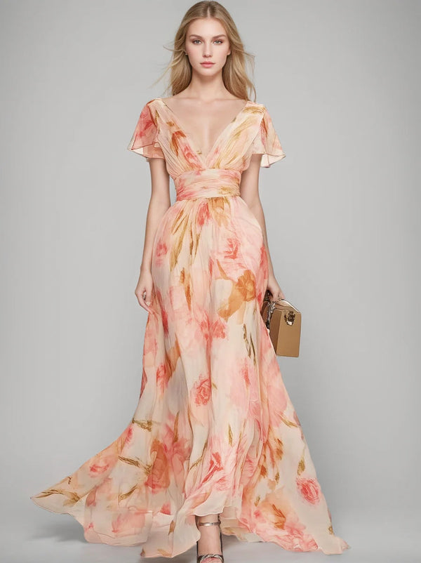 A-Line/Princess V-Neck Short Sleeves Printed Floral Mother Of The Bride Dresses With Ruffles BabaMila