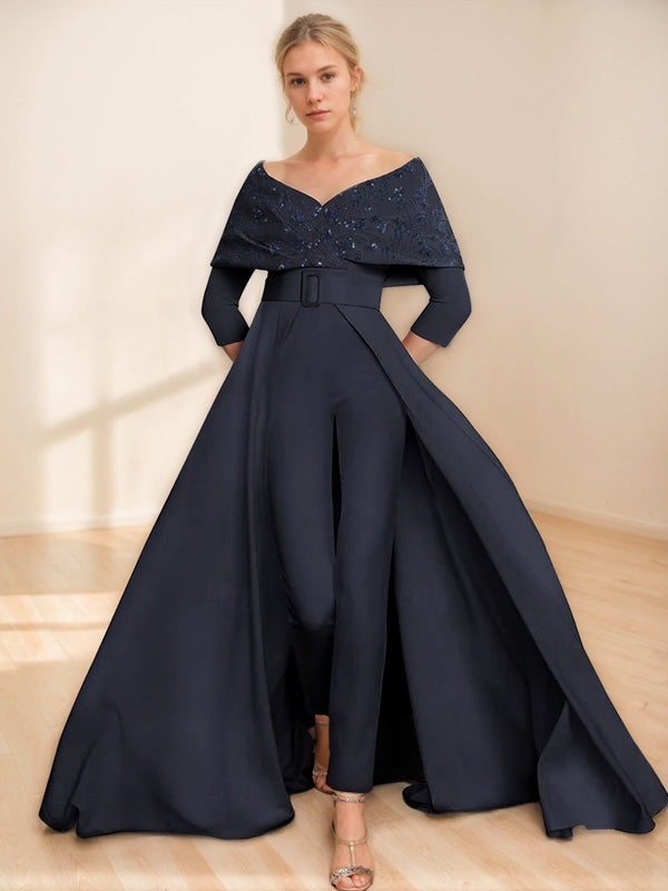 Off-The-Shoulder 3/4 Sleeves Mother Of The Bride Pantsuits With Appliques & Belt BabaMila