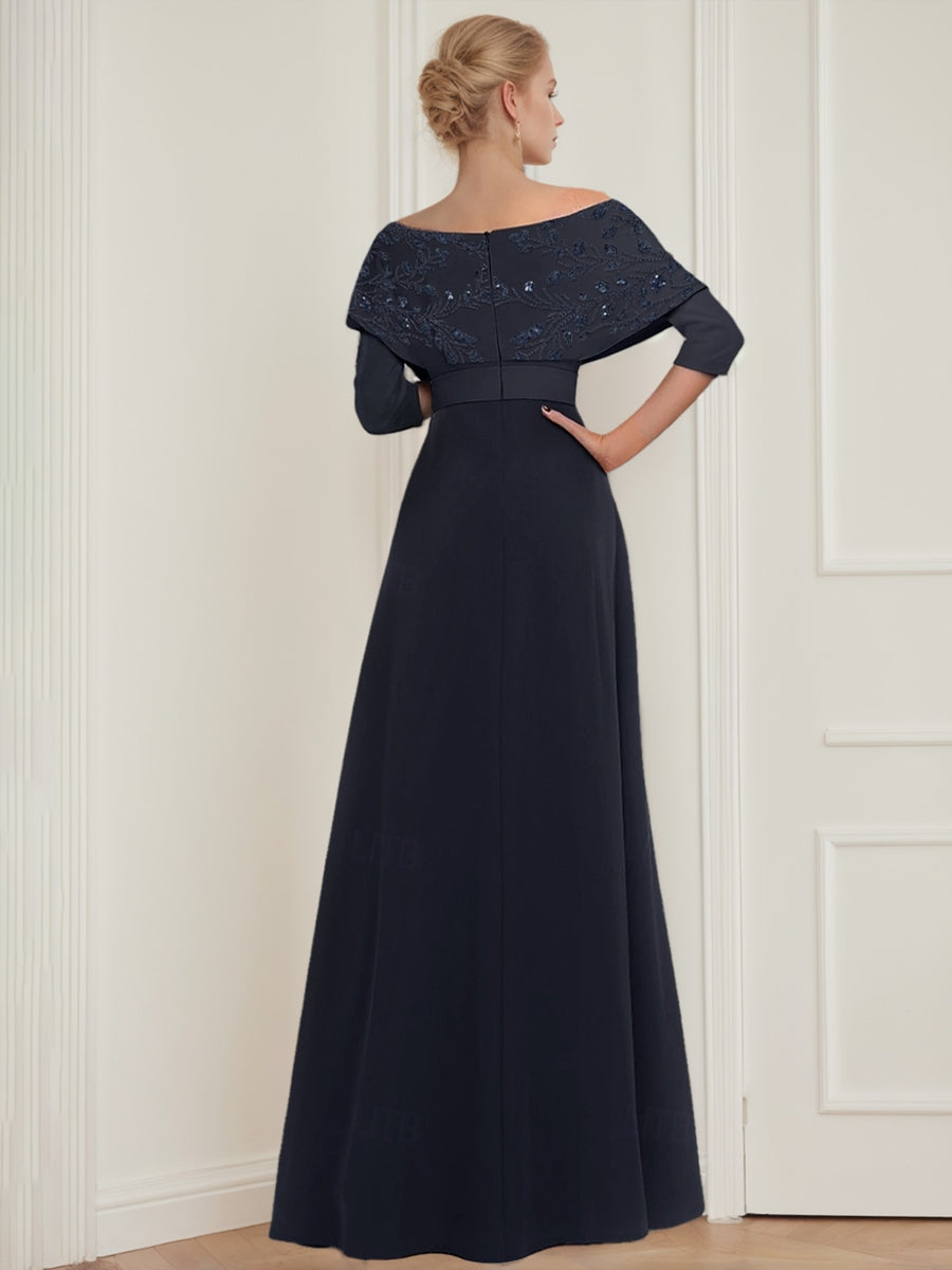 Off-The-Shoulder 3/4 Sleeves Mother Of The Bride Pantsuits With Appliques & Belt BabaMila
