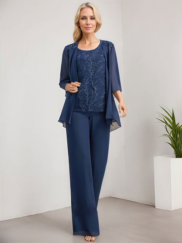Simple Pantsuits Round Neck 3/4 Sleeve Floor-Length Chiffon Mother of the Bride Dress With Jacket/Sequins BabaMila