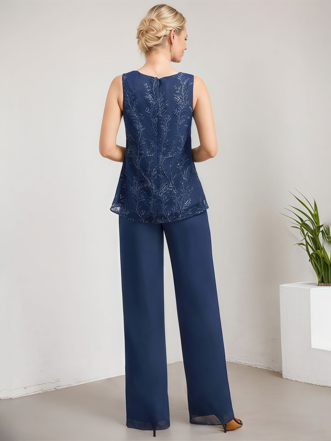 Simple Pantsuits Round Neck 3/4 Sleeve Floor-Length Chiffon Mother of the Bride Dress With Jacket/Sequins BabaMila