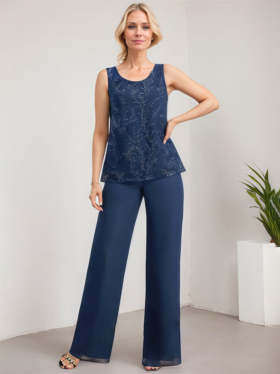 Simple Pantsuits Round Neck 3/4 Sleeve Floor-Length Chiffon Mother of the Bride Dress With Jacket/Sequins BabaMila