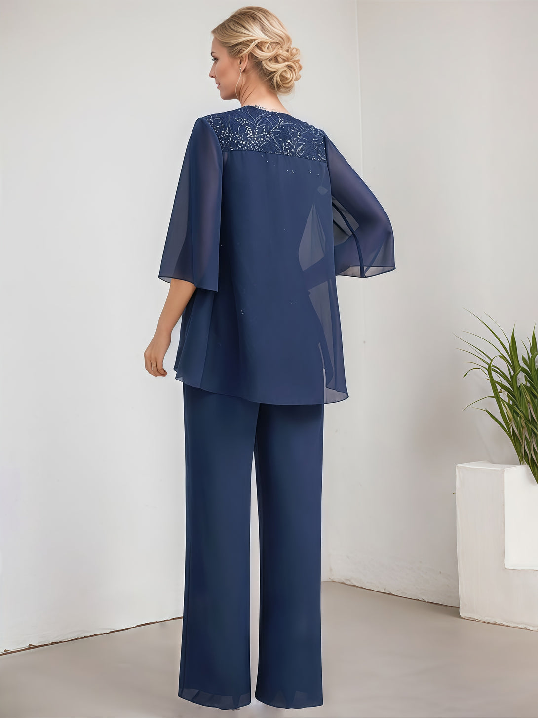 Simple Pantsuits Round Neck 3/4 Sleeve Floor-Length Chiffon Mother of the Bride Dress With Jacket/Sequins BabaMila