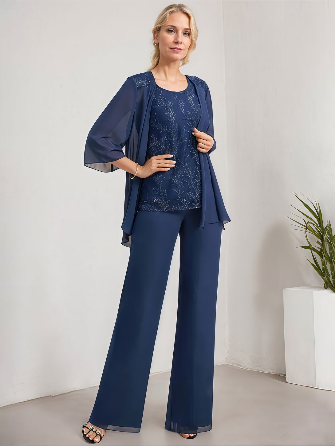 Simple Pantsuits Round Neck 3/4 Sleeve Floor-Length Chiffon Mother of the Bride Dress With Jacket/Sequins BabaMila