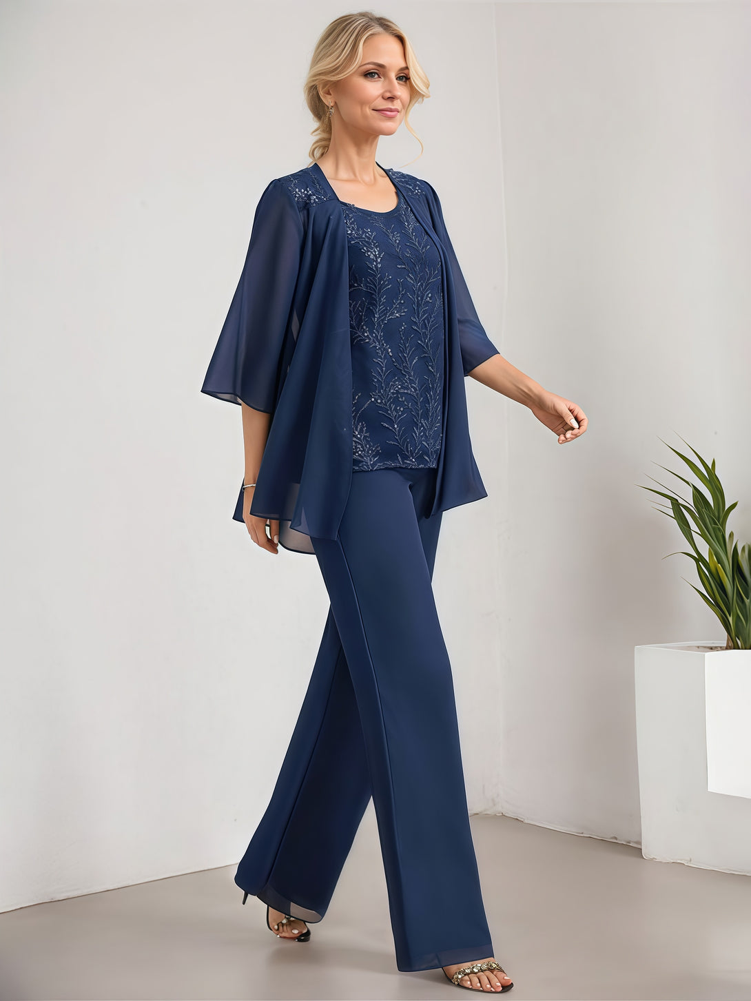 Simple Pantsuits Round Neck 3/4 Sleeve Floor-Length Chiffon Mother of the Bride Dress With Jacket/Sequins BabaMila