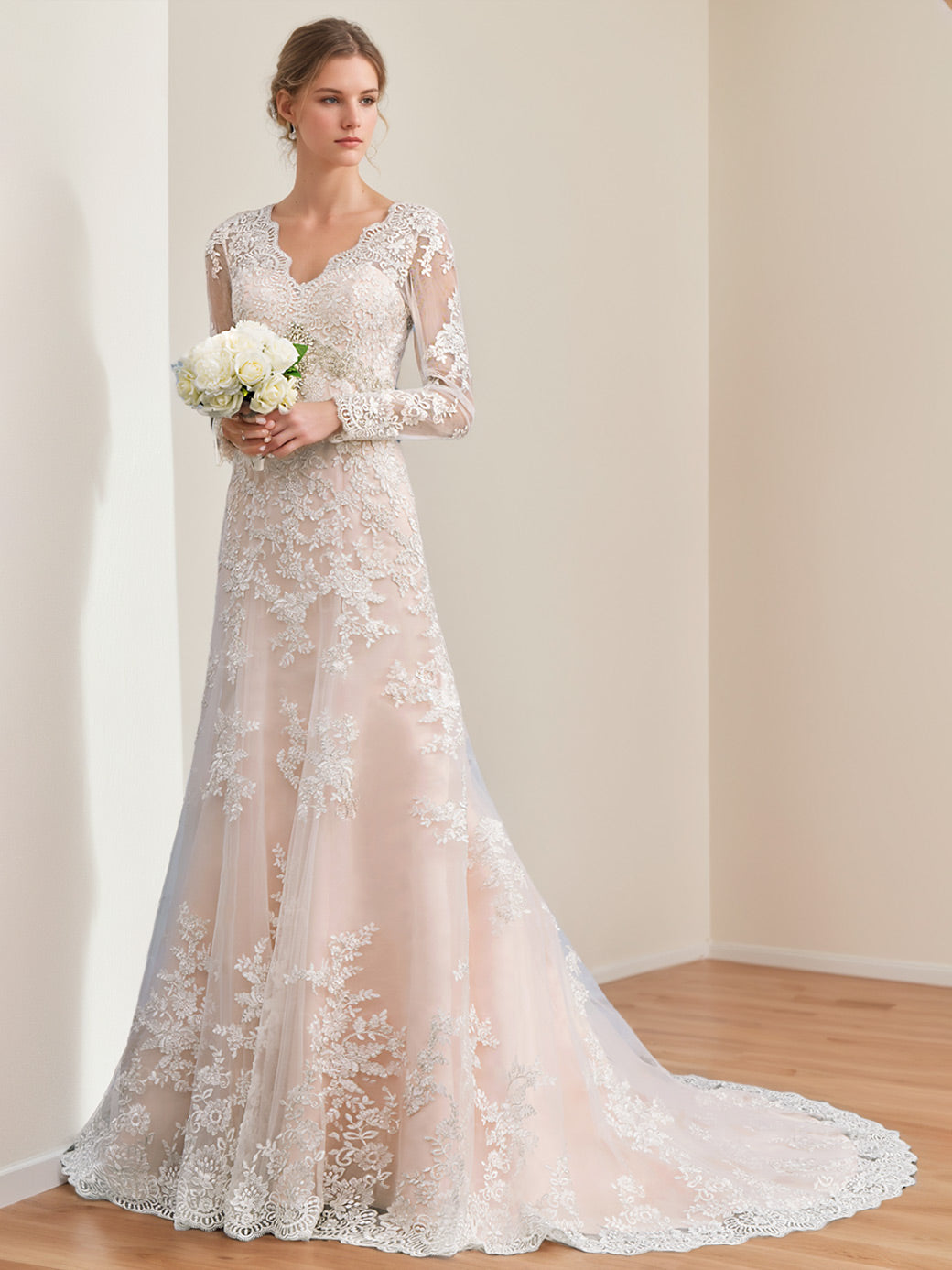 A-Line/Princess Long Sleeves Floor Length Wedding Dress with Appliques BabaMila