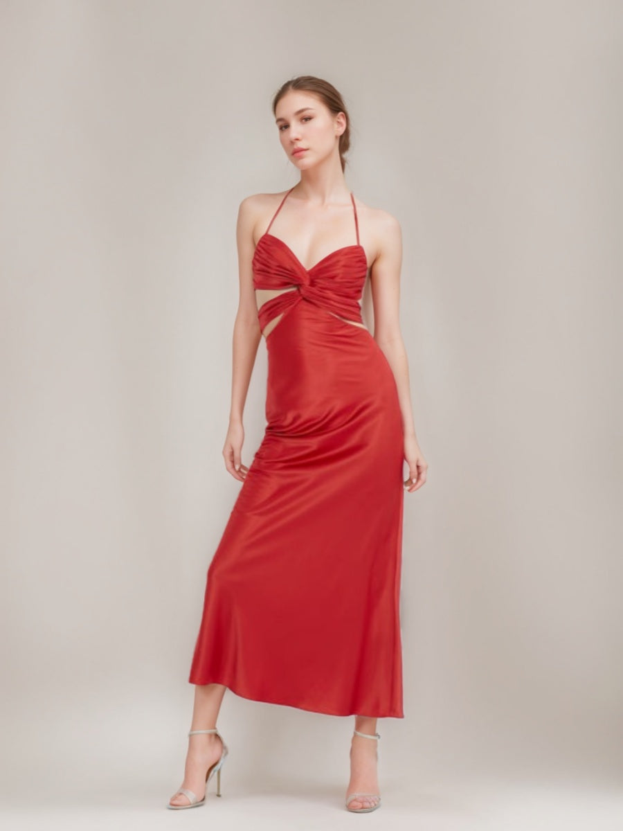 Sheath/Column Hollow Halter Ankle-Length Elegant Prom Dresses with Self-tie/Ribbon BabaMila