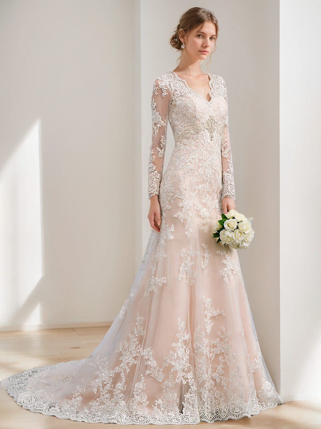 A-Line/Princess Long Sleeves Floor Length Wedding Dress with Appliques BabaMila