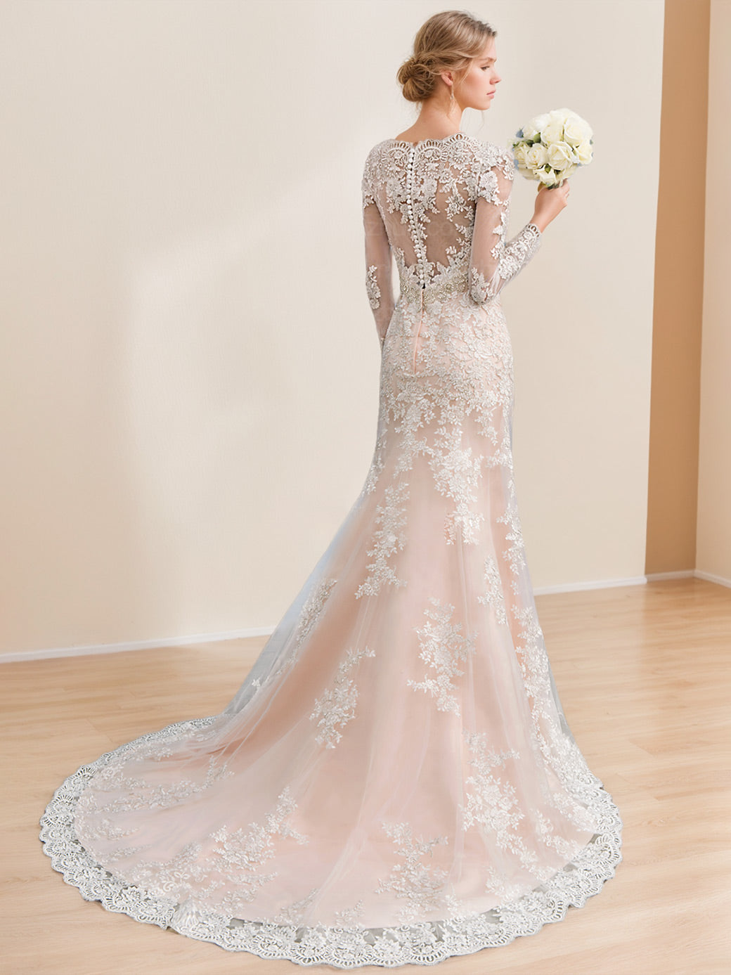 A-Line/Princess Long Sleeves Floor Length Wedding Dress with Appliques BabaMila