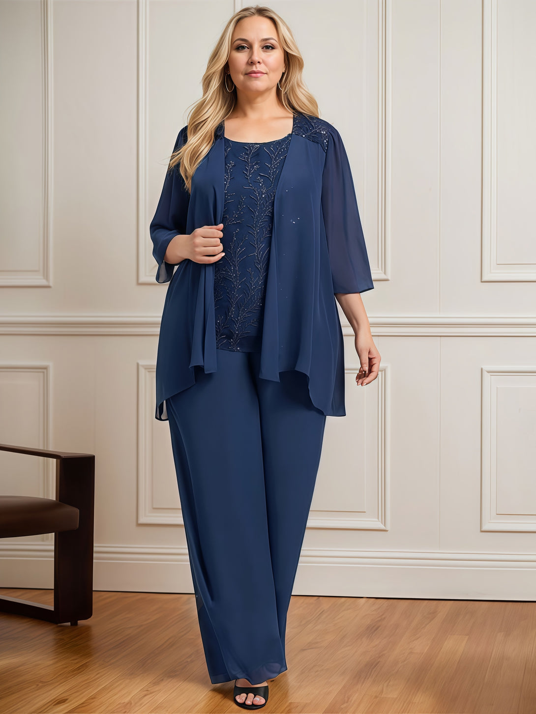 Simple Pantsuits Round Neck 3/4 Sleeve Floor-Length Chiffon Mother of the Bride Dress With Jacket/Sequins BabaMila